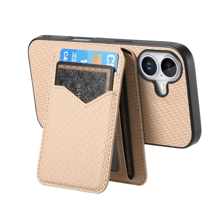 For iPhone 16 Magnetic Case Carbon Fiber Texture Back Cover with Detachable Card Holder - Khaki