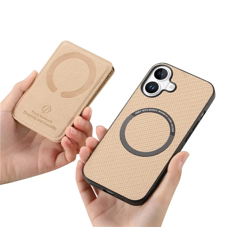 For iPhone 16 Magnetic Case Carbon Fiber Texture Back Cover with Detachable Card Holder - Khaki