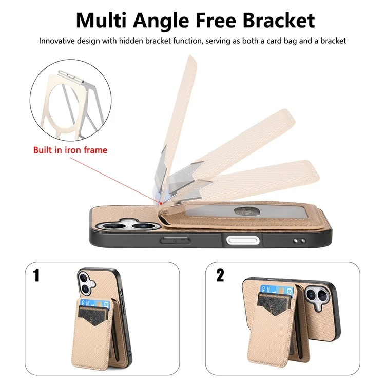 For iPhone 16 Magnetic Case Carbon Fiber Texture Back Cover with Detachable Card Holder - Khaki