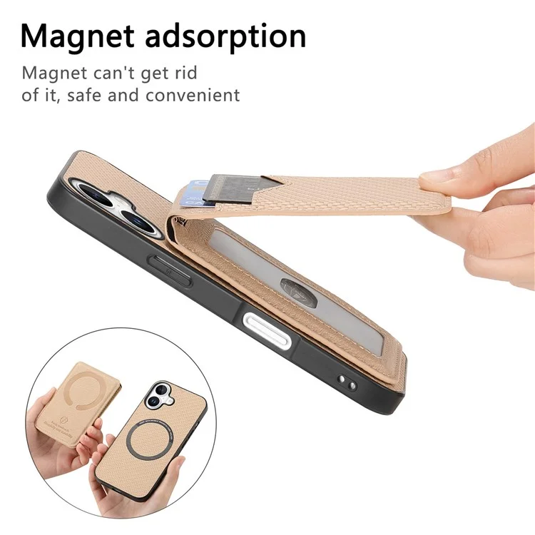 For iPhone 16 Magnetic Case Carbon Fiber Texture Back Cover with Detachable Card Holder - Khaki