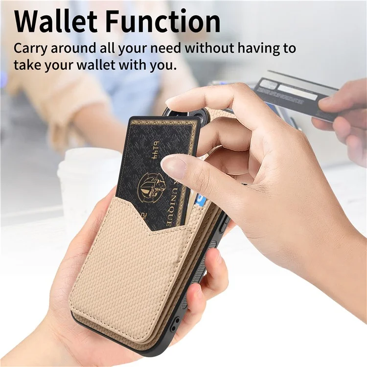 For iPhone 16 Magnetic Case Carbon Fiber Texture Back Cover with Detachable Card Holder - Khaki