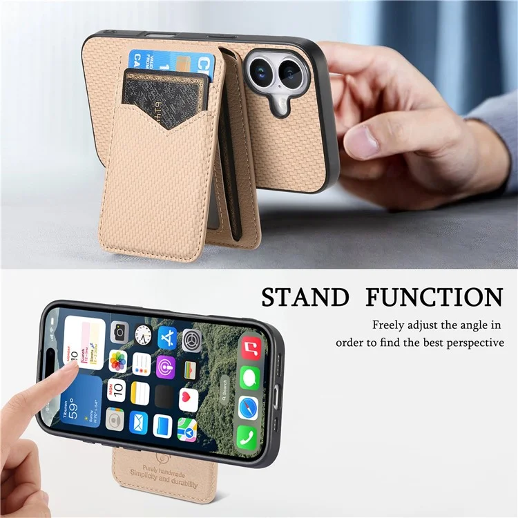 For iPhone 16 Magnetic Case Carbon Fiber Texture Back Cover with Detachable Card Holder - Khaki