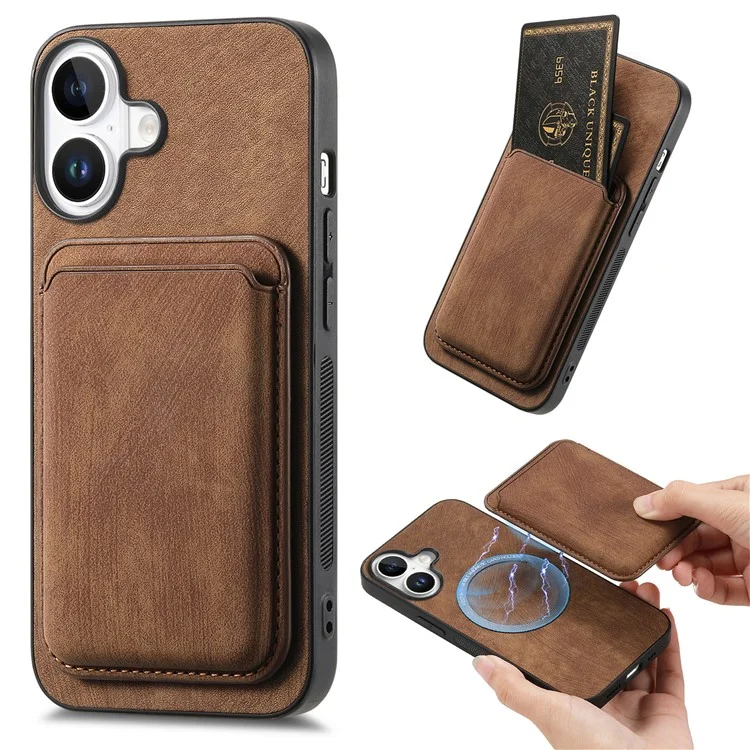 For iPhone 16 Case Compatible with MagSafe Leather Back Cover with Detachable Card Holder - Brown