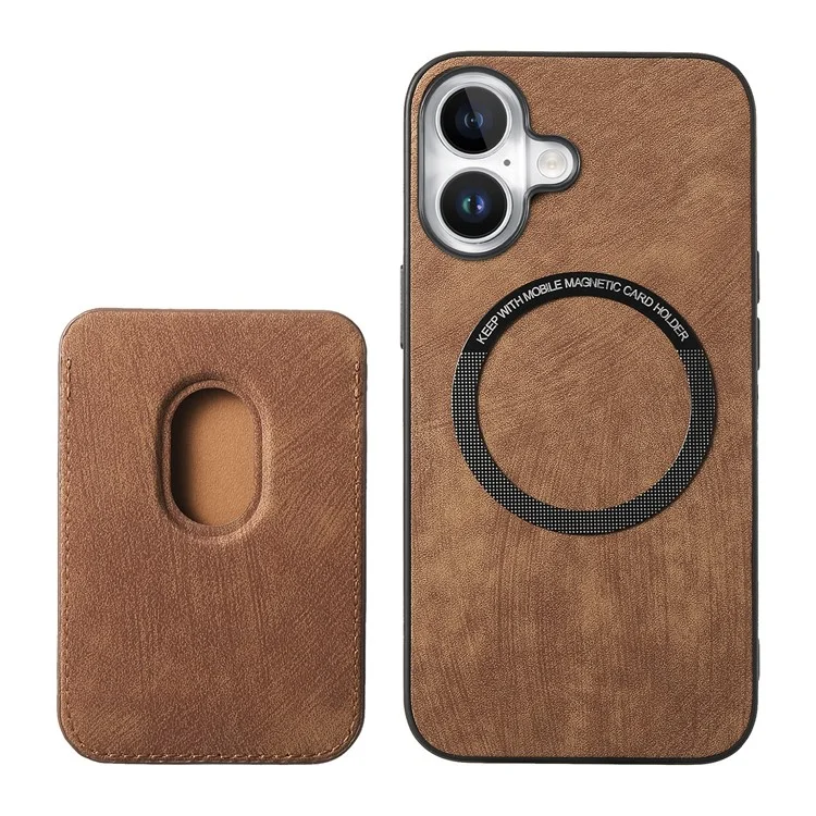 For iPhone 16 Case Compatible with MagSafe Leather Back Cover with Detachable Card Holder - Brown