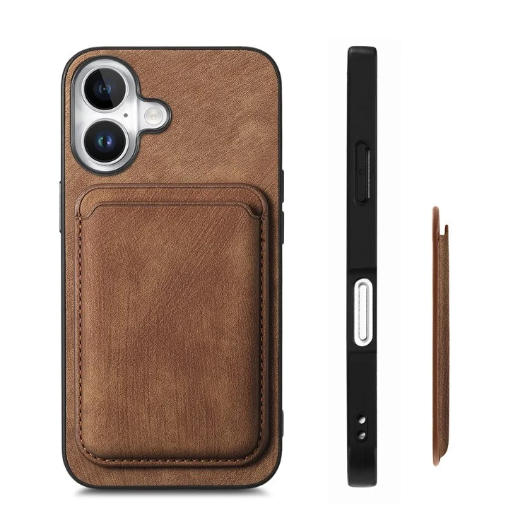 For iPhone 16 Case Compatible with MagSafe Leather Back Cover with Detachable Card Holder - Brown