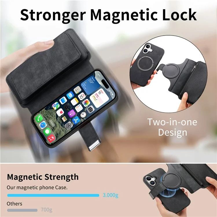 CASENEO MW-02 For iPhone 16 Leather Case Detachable Magnetic Phone Cover - Black