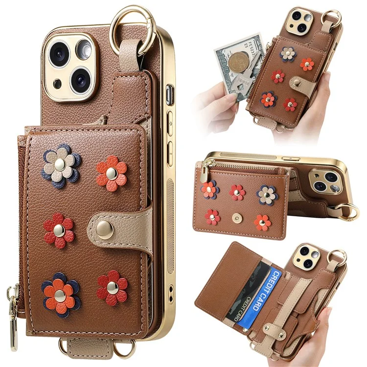 Y6 For iPhone 14 Case Detachable Card Holder PU Leather+TPU Flower Aesthetic Phone Cover with Straps - Brown