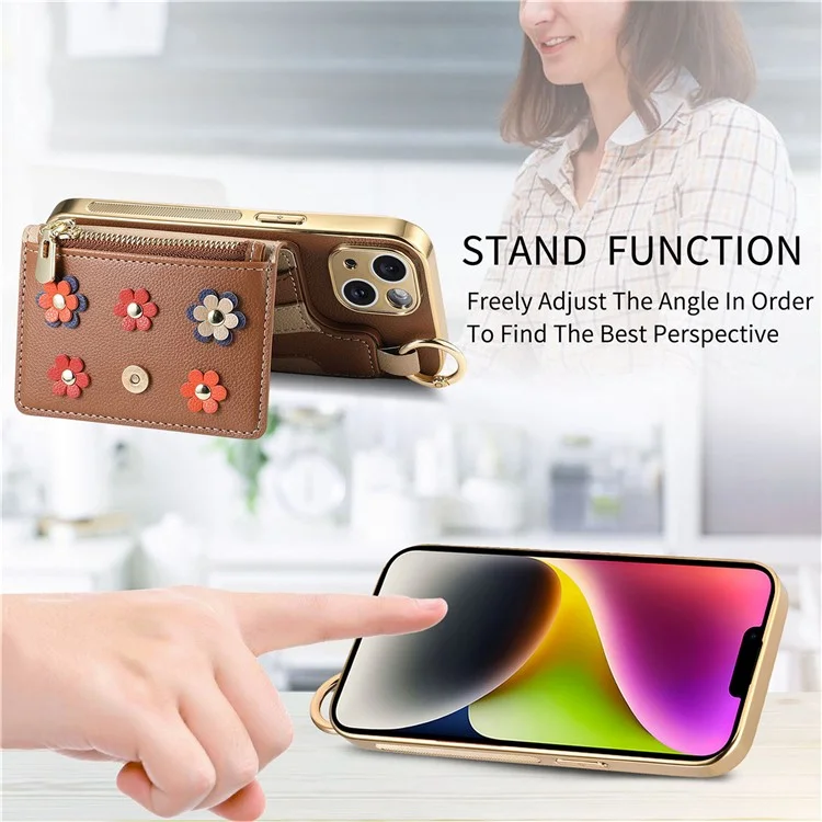 Y6 For iPhone 14 Case Detachable Card Holder PU Leather+TPU Flower Aesthetic Phone Cover with Straps - Brown