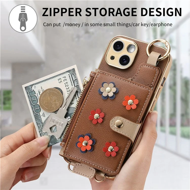 Y6 For iPhone 14 Case Detachable Card Holder PU Leather+TPU Flower Aesthetic Phone Cover with Straps - Brown
