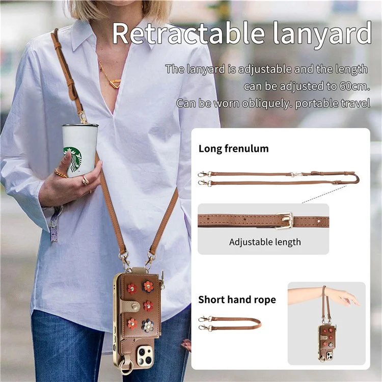 Y6 For iPhone 14 Case Detachable Card Holder PU Leather+TPU Flower Aesthetic Phone Cover with Straps - Brown