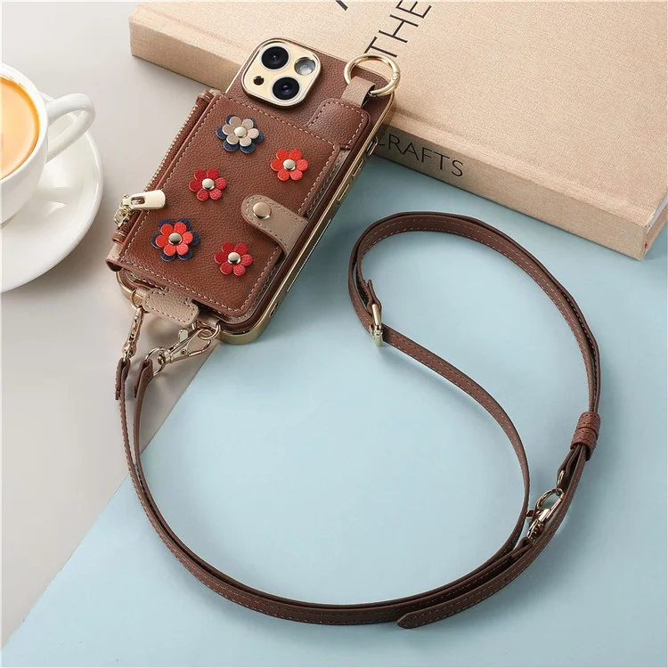 Y6 For iPhone 14 Case Detachable Card Holder PU Leather+TPU Flower Aesthetic Phone Cover with Straps - Brown