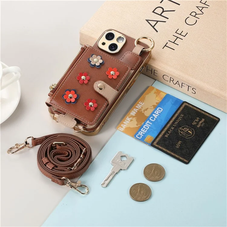Y6 For iPhone 14 Case Detachable Card Holder PU Leather+TPU Flower Aesthetic Phone Cover with Straps - Brown