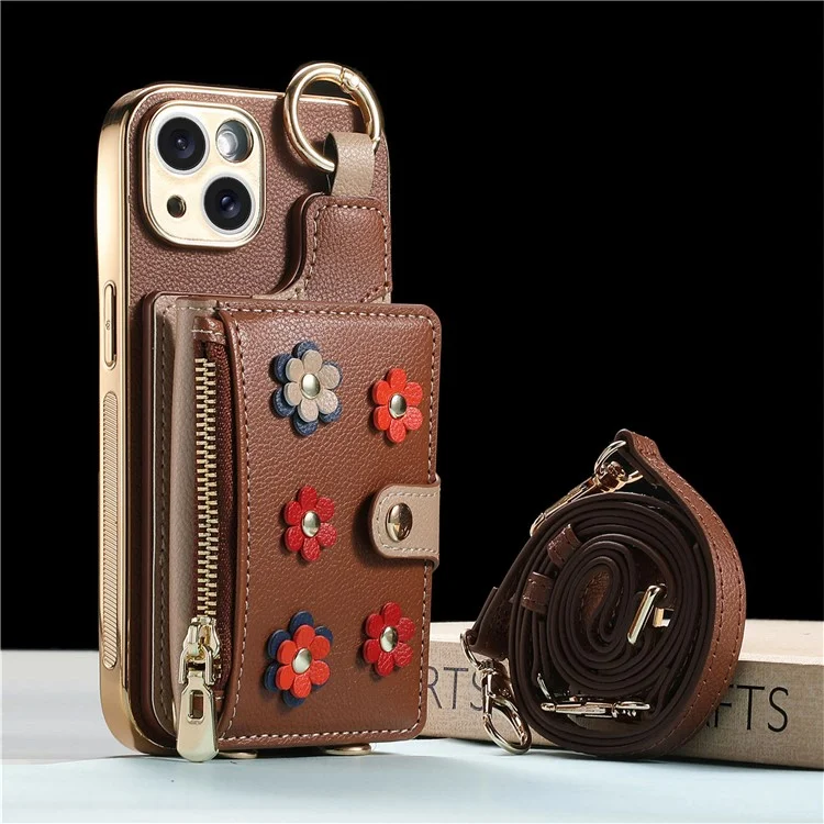 Y6 For iPhone 14 Case Detachable Card Holder PU Leather+TPU Flower Aesthetic Phone Cover with Straps - Brown