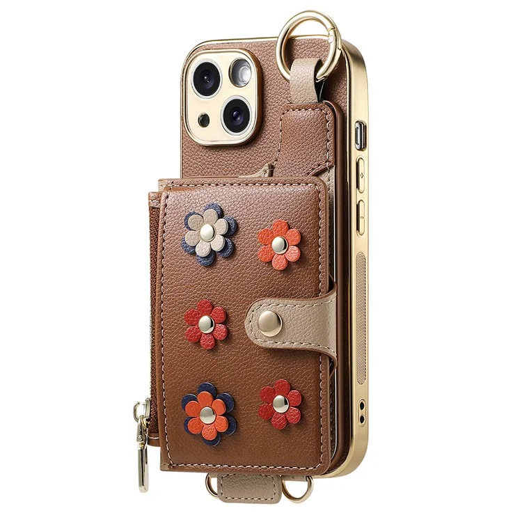 Y6 For iPhone 14 Case Detachable Card Holder PU Leather+TPU Flower Aesthetic Phone Cover with Straps - Brown