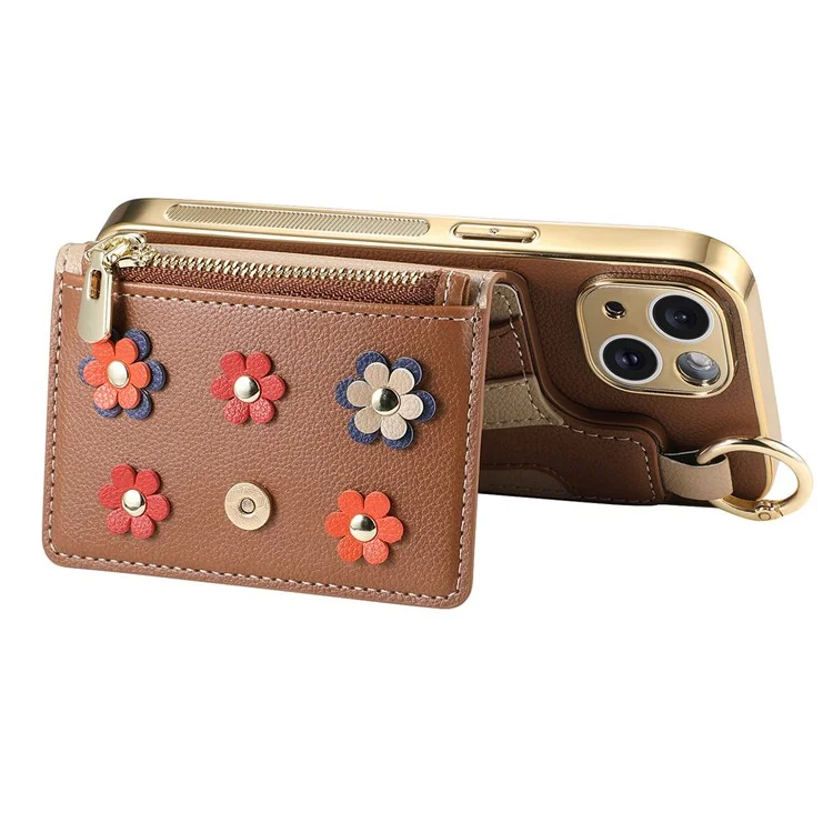 Y6 For iPhone 14 Case Detachable Card Holder PU Leather+TPU Flower Aesthetic Phone Cover with Straps - Brown