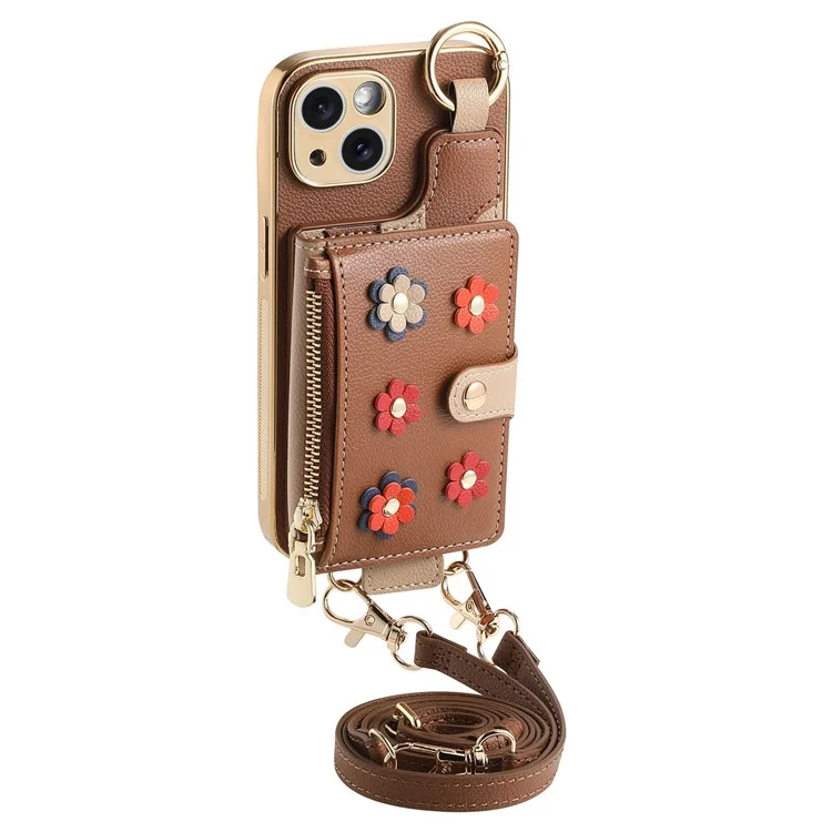 Y6 For iPhone 14 Case Detachable Card Holder PU Leather+TPU Flower Aesthetic Phone Cover with Straps - Brown