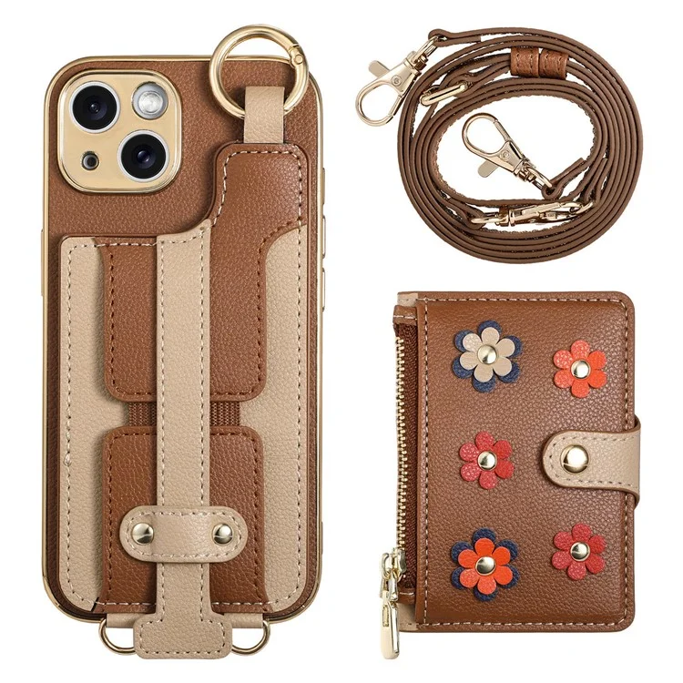 Y6 For iPhone 14 Case Detachable Card Holder PU Leather+TPU Flower Aesthetic Phone Cover with Straps - Brown