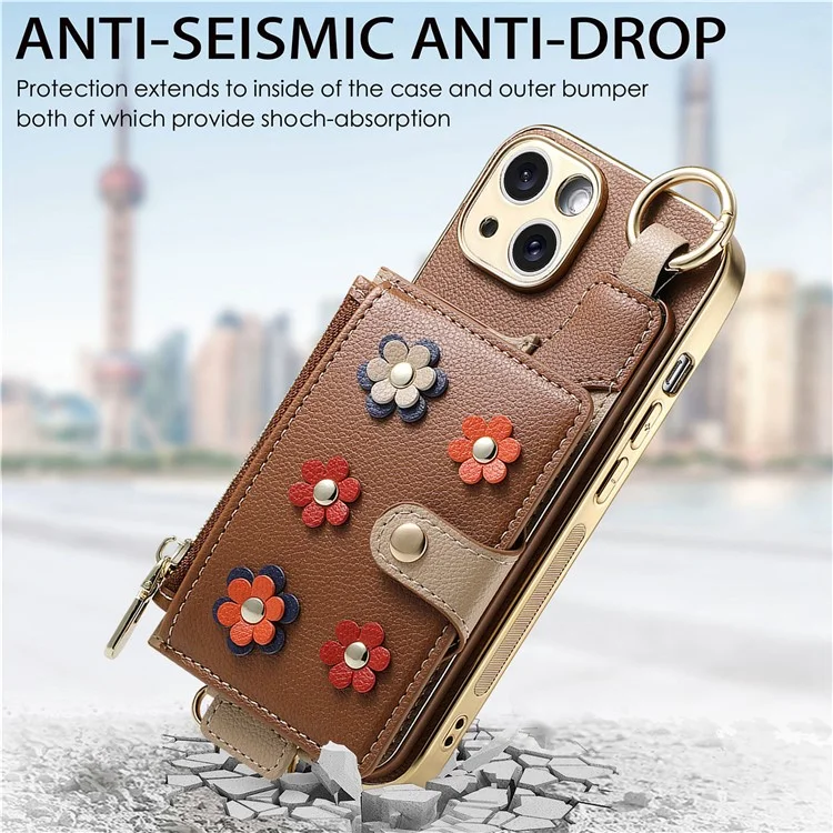 Y6 For iPhone 14 Case Detachable Card Holder PU Leather+TPU Flower Aesthetic Phone Cover with Straps - Brown