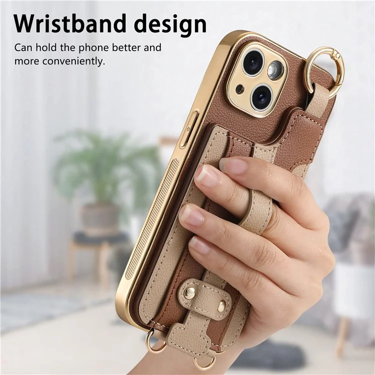 Y6 For iPhone 14 Case Detachable Card Holder PU Leather+TPU Flower Aesthetic Phone Cover with Straps - Brown