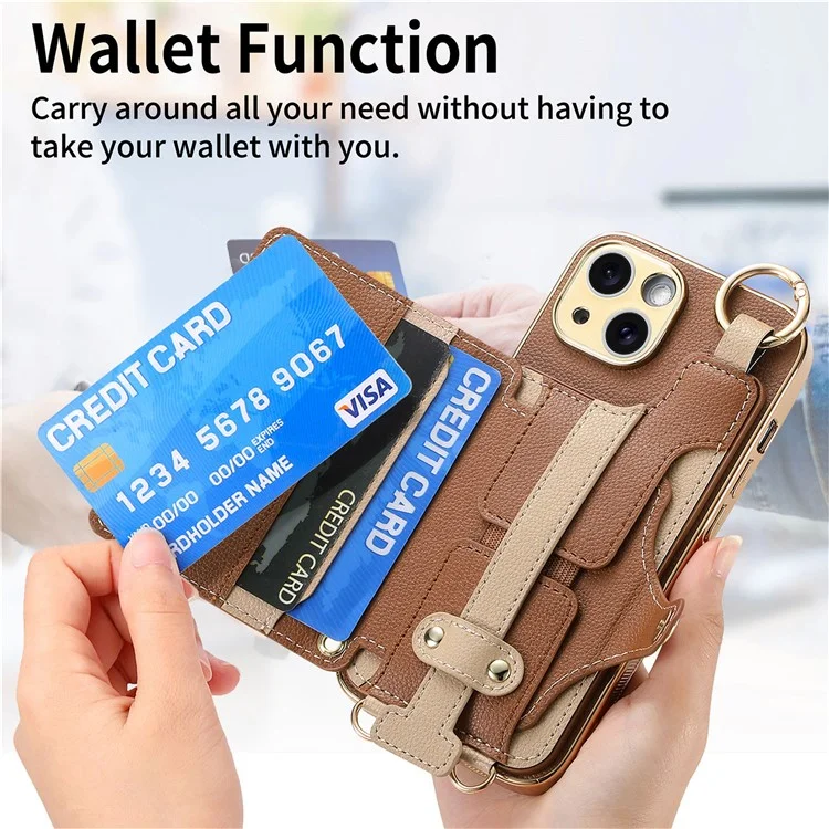 Y6 For iPhone 14 Case Detachable Card Holder PU Leather+TPU Flower Aesthetic Phone Cover with Straps - Brown