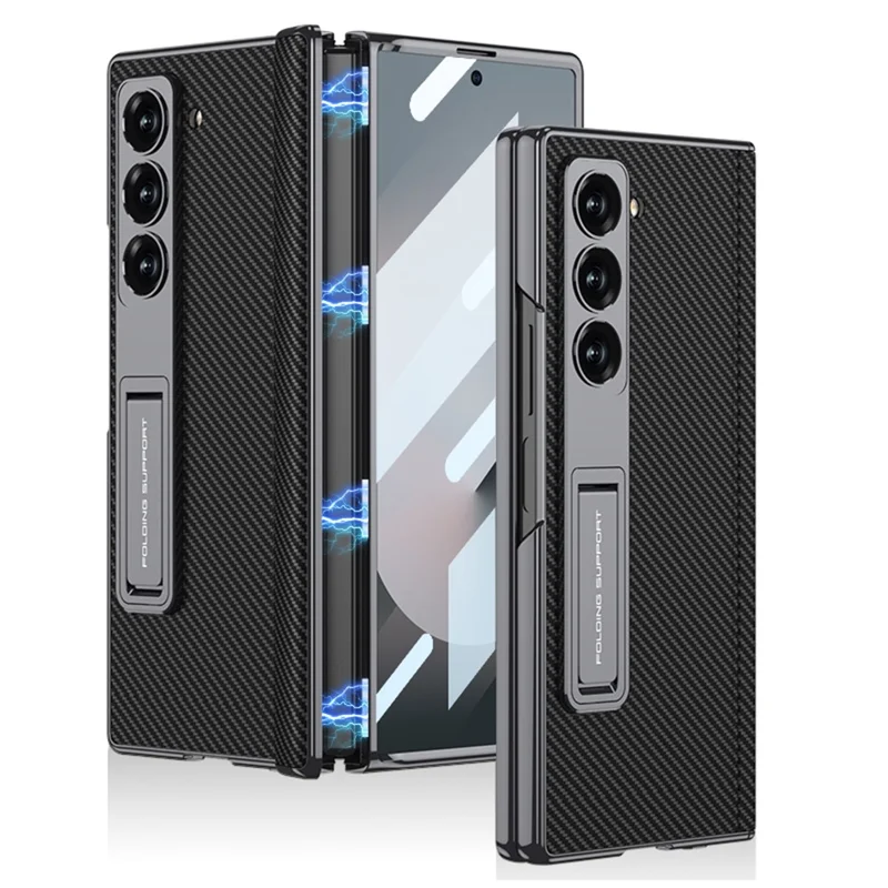 GKK Para Samsung Galaxy Z Fold6 5G Case Kickstand PC Port Cover With Screen Film - Fibra de Carbono