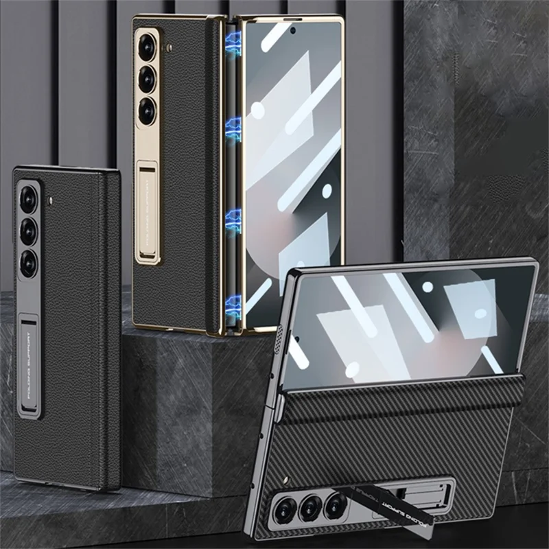 GKK Para Samsung Galaxy Z Fold6 5G Case Kickstand PC Port Cover With Screen Film - Fibra de Carbono