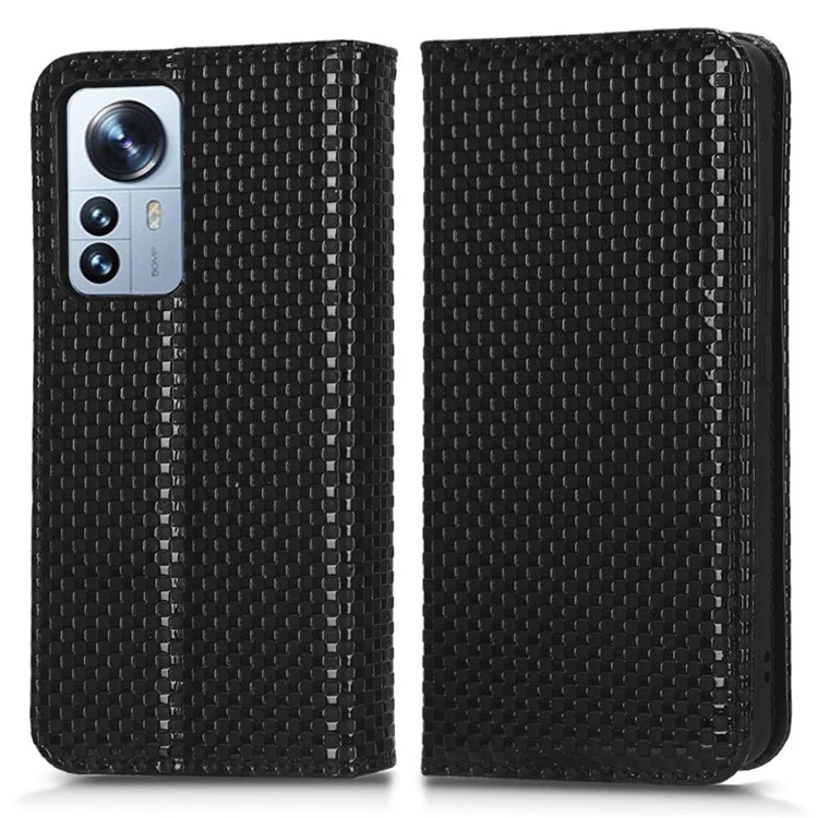 For Xiaomi 12S 5G / 12 5G / 12X 5G Magnetic Auto-absorbed Stand Wallet Cover Grid Texture PU Leather Cell Phone Case - Black