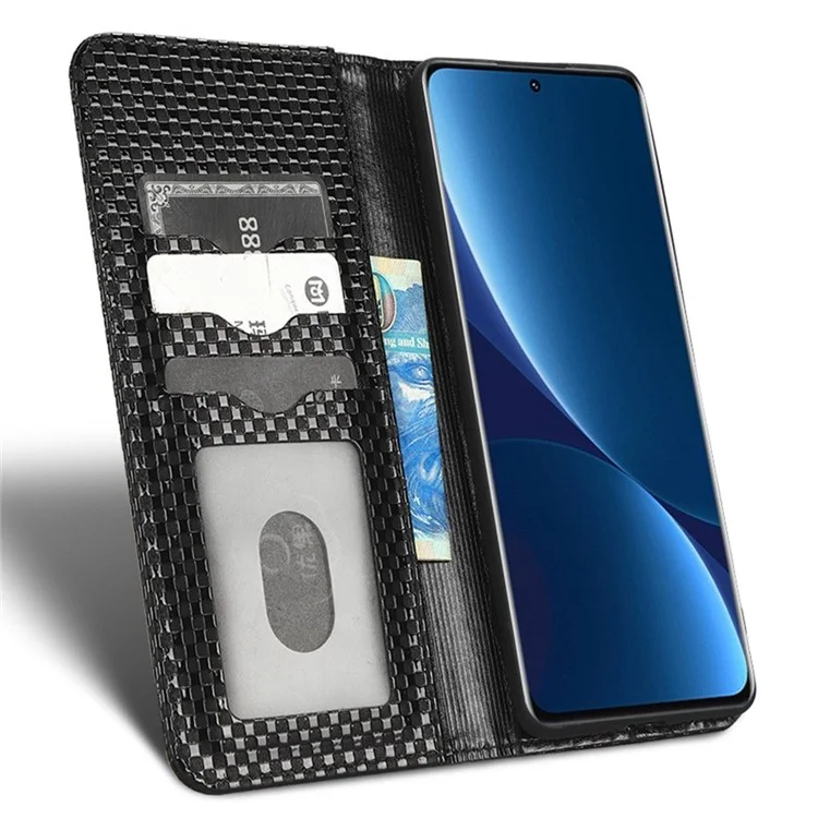 For Xiaomi 12S 5G / 12 5G / 12X 5G Magnetic Auto-absorbed Stand Wallet Cover Grid Texture PU Leather Cell Phone Case - Black