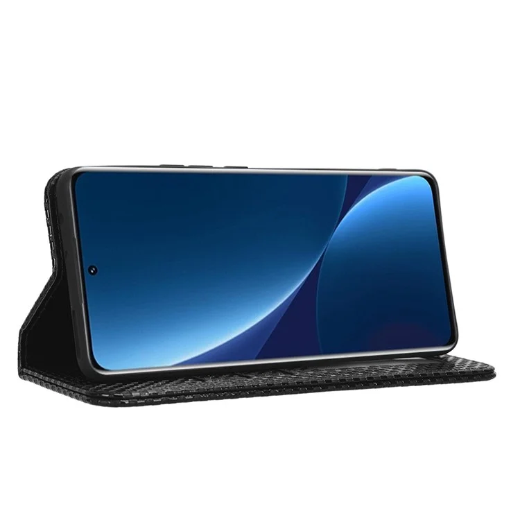 For Xiaomi 12S 5G / 12 5G / 12X 5G Magnetic Auto-absorbed Stand Wallet Cover Grid Texture PU Leather Cell Phone Case - Black