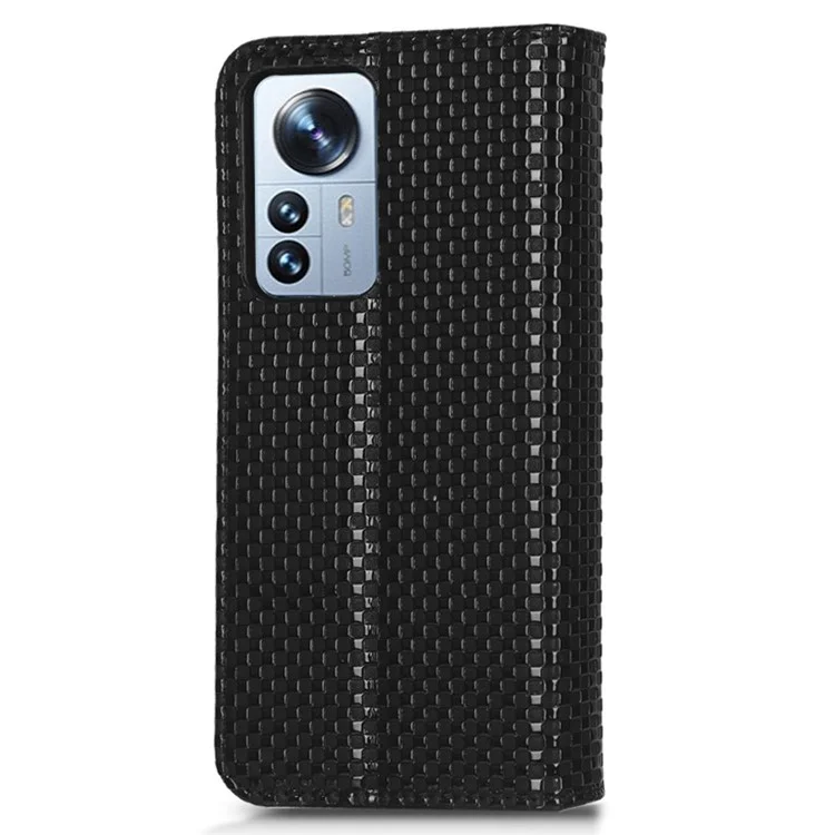 For Xiaomi 12S 5G / 12 5G / 12X 5G Magnetic Auto-absorbed Stand Wallet Cover Grid Texture PU Leather Cell Phone Case - Black