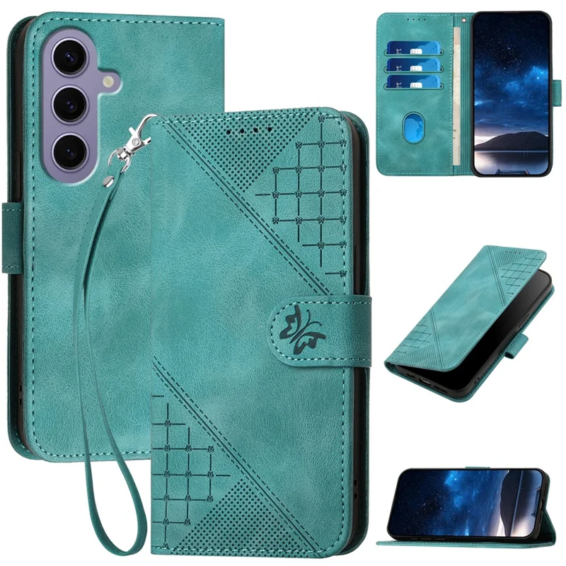 For Samsung Galaxy S24 Leather Wallet Case Butterfly Flower Imprinted Phone Cover with Strap - Baby Blue