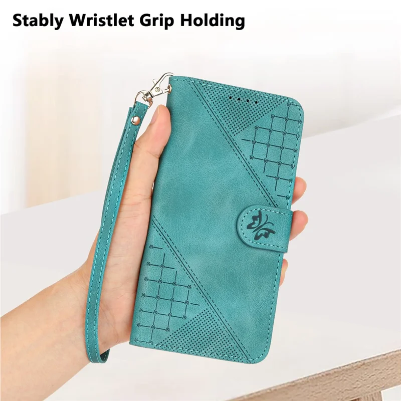 For Samsung Galaxy S24 Leather Wallet Case Butterfly Flower Imprinted Phone Cover with Strap - Baby Blue