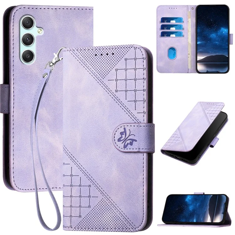 For Samsung Galaxy A34 5G Leather Wallet Case Butterfly Flower Imprinted Phone Cover with Strap - Light Purple