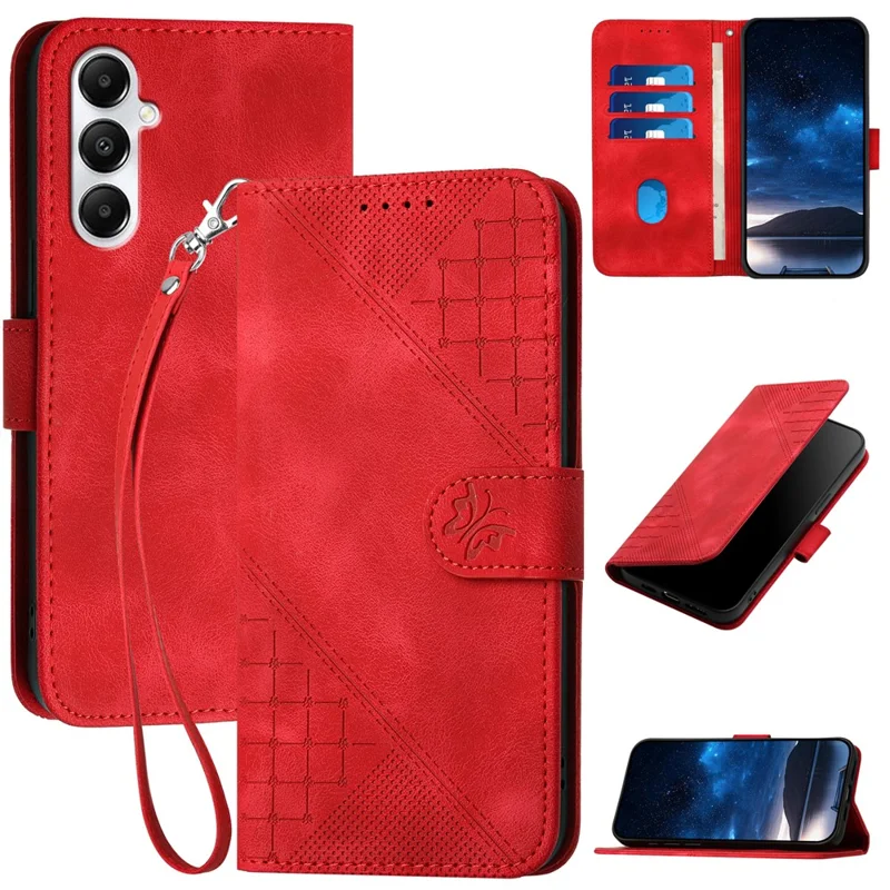 For Samsung Galaxy A16 5G / A16 4G Leather Wallet Case Butterfly Flower Imprinted Phone Cover with Strap - Red