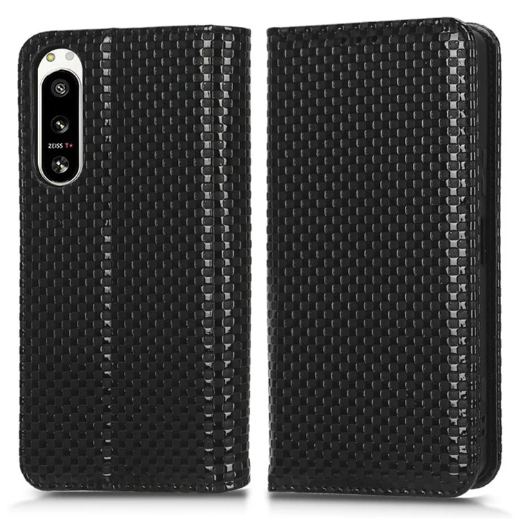 For Sony Xperia 5 IV 5G Grid Texture PU Leather Stand Case Magnetic Auto-absorbed Phone Wallet Cover - Black