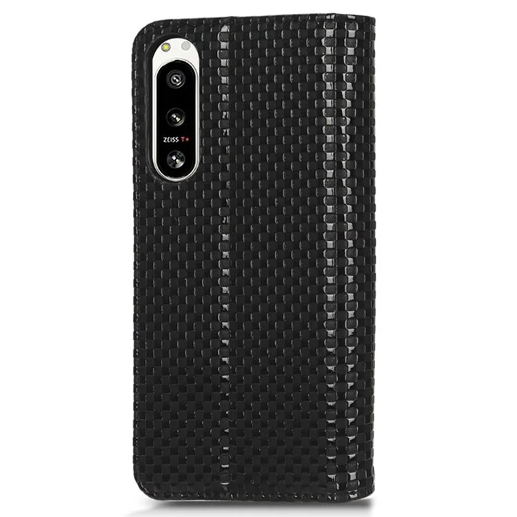 For Sony Xperia 5 IV 5G Grid Texture PU Leather Stand Case Magnetic Auto-absorbed Phone Wallet Cover - Black