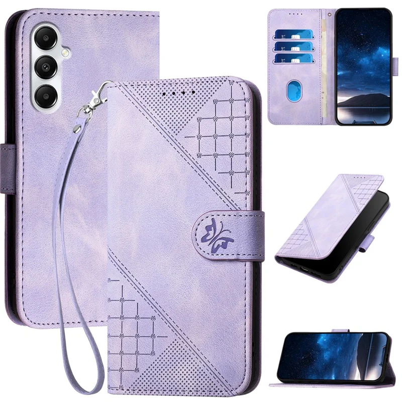 For Samsung Galaxy A05s 4G Leather Wallet Case Butterfly Flower Imprinted Phone Cover with Strap - Light Purple