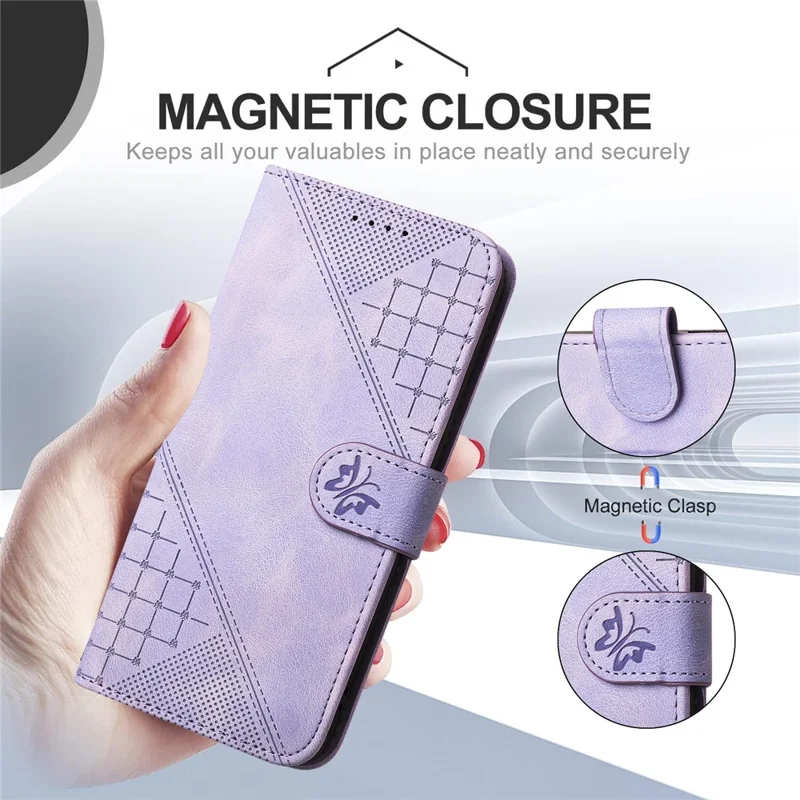 For Samsung Galaxy A05s 4G Leather Wallet Case Butterfly Flower Imprinted Phone Cover with Strap - Light Purple