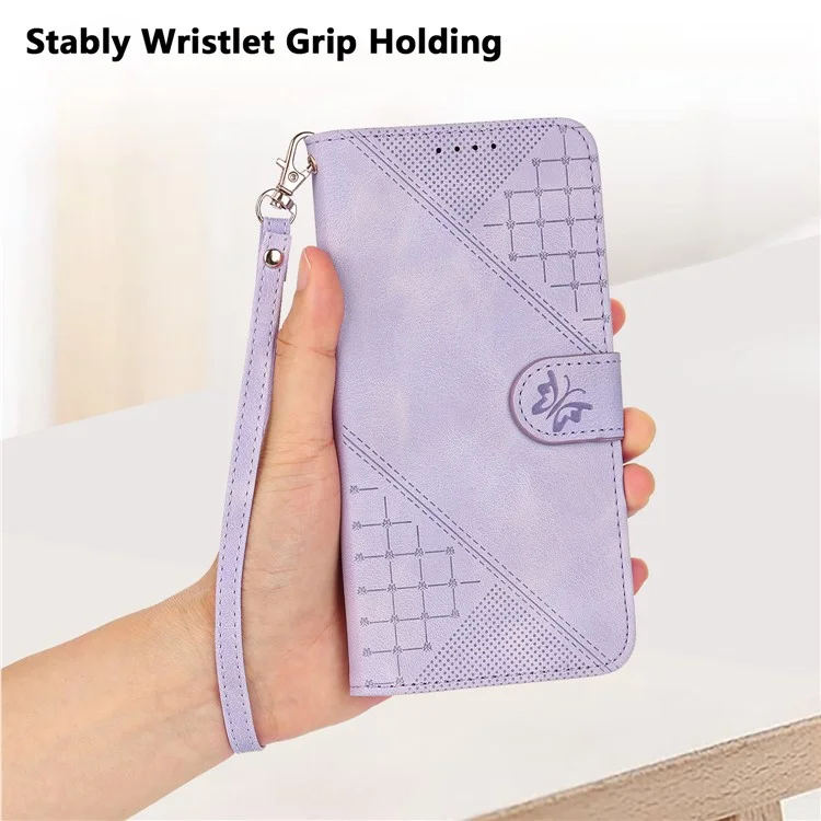 For Xiaomi Poco X6 5G / Redmi Note 13 Pro 5G Leather Wallet Case Butterfly Flower Imprinted Phone Cover with Strap - Light Purple