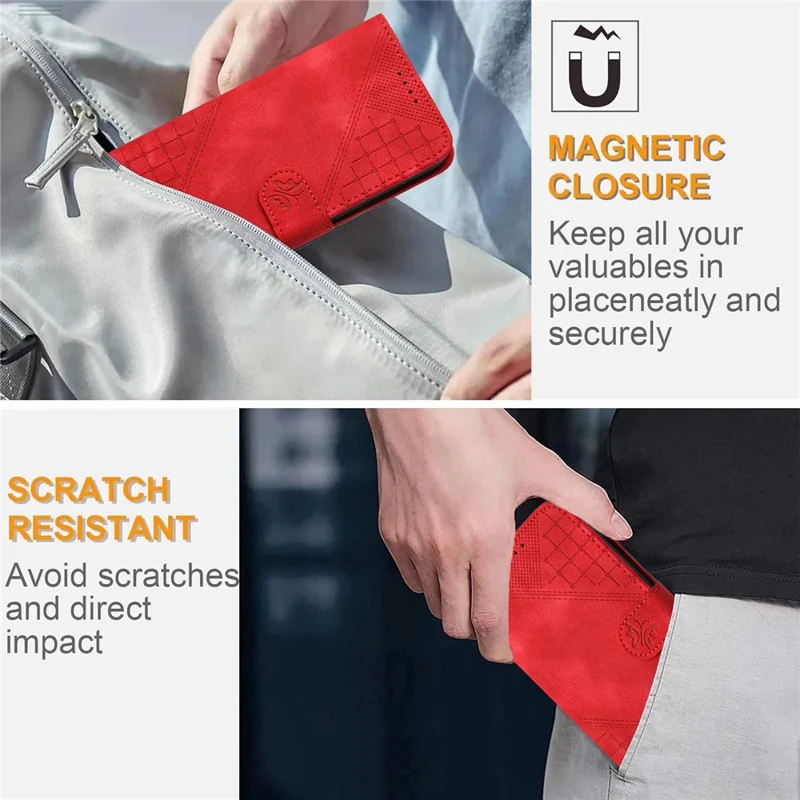 For Xiaomi Redmi Note 13 4G Leather Wallet Case Butterfly Flower Imprinted Phone Cover with Strap - Red