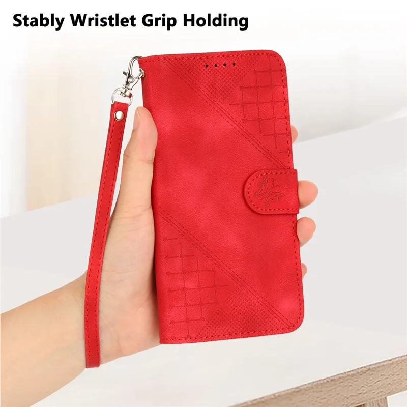 For Xiaomi Redmi Note 13 4G Leather Wallet Case Butterfly Flower Imprinted Phone Cover with Strap - Red