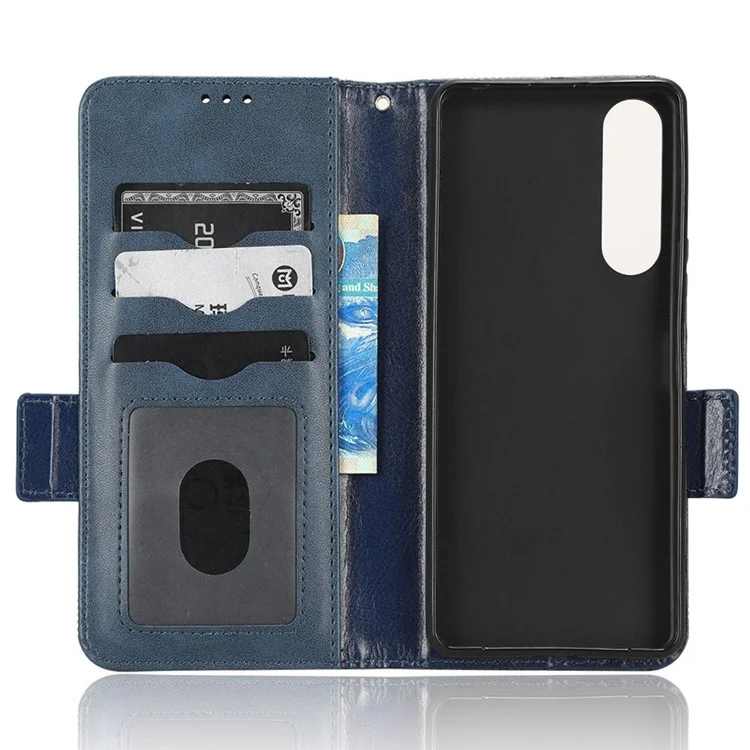 For Sony Xperia 5 IV 5G Imprinted Triangle Pattern Stand Case PU Leather Wallet Full Protection Phone Cover - Blue
