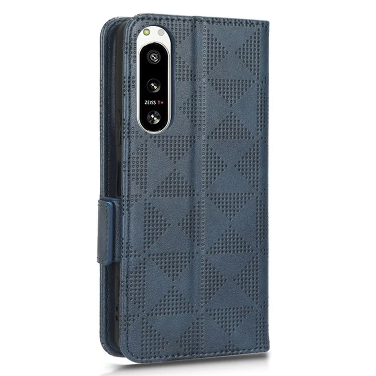 For Sony Xperia 5 IV 5G Imprinted Triangle Pattern Stand Case PU Leather Wallet Full Protection Phone Cover - Blue