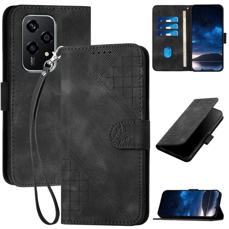 For Honor 200 Lite Leather Wallet Case Butterfly Flower Imprinted Phone Cover with Strap - Black