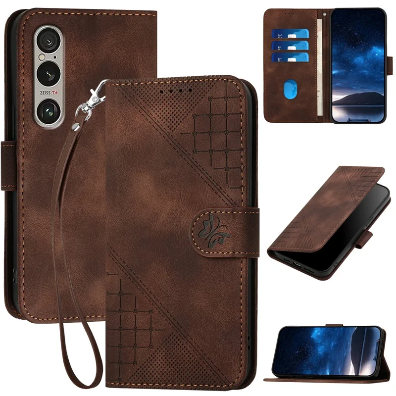 For Sony Xperia 1 VI Leather Wallet Case Butterfly Flower Imprinted Phone Cover with Strap - Brown