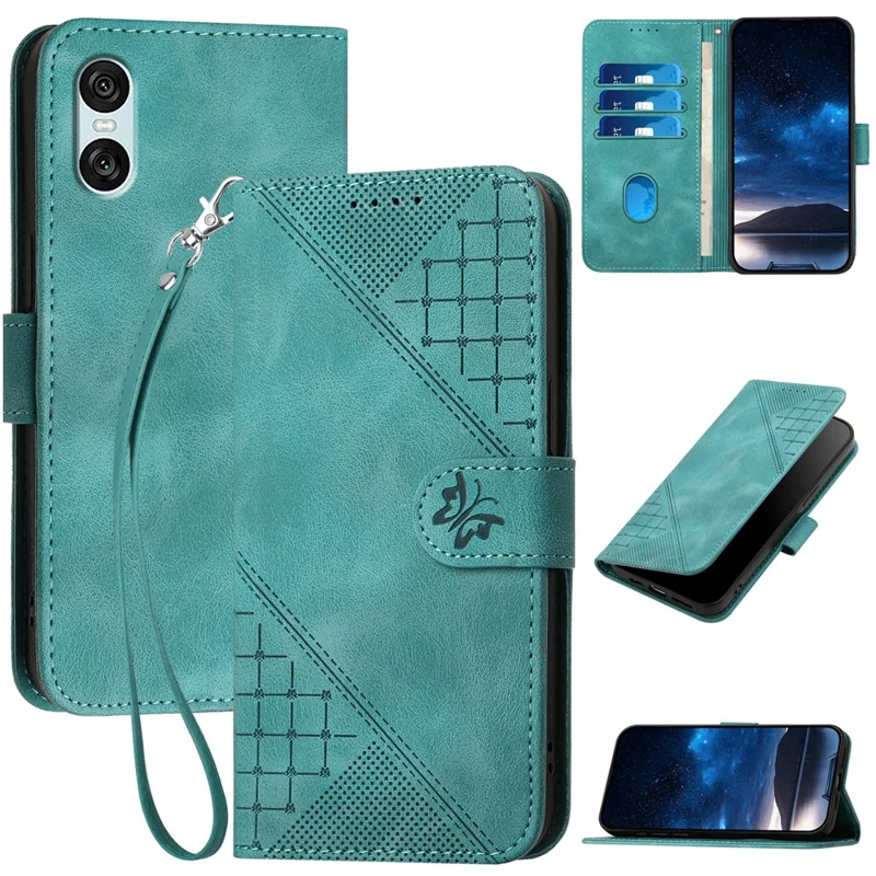 For Sony Xperia 10 VI Leather Wallet Case Butterfly Flower Imprinted Phone Cover with Strap - Baby Blue