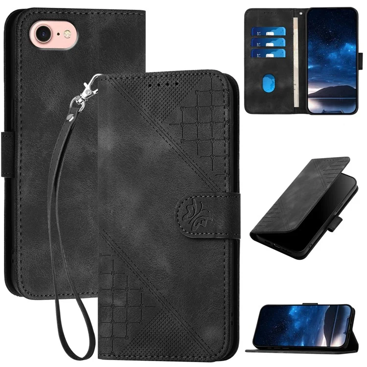 For iPhone 16e Leather Wallet Case Butterfly Flower Imprinted Phone Cover with Strap - Black