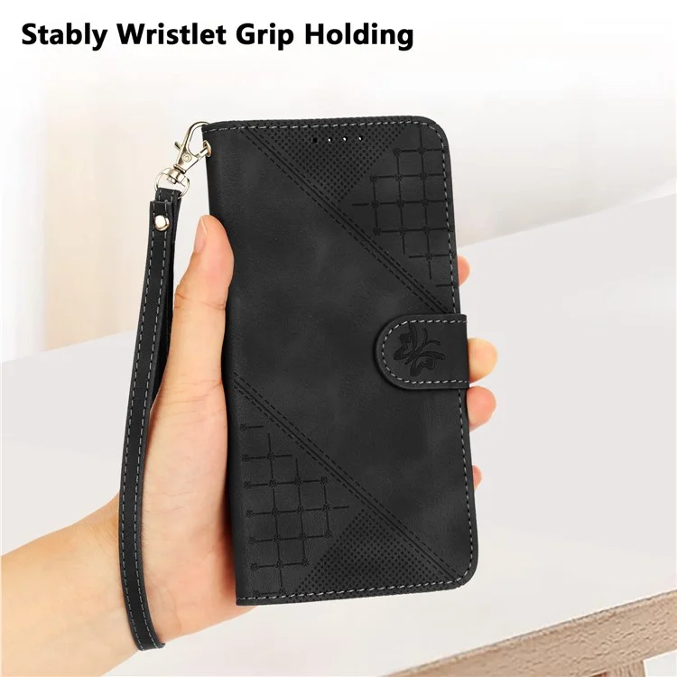 For iPhone 16e Leather Wallet Case Butterfly Flower Imprinted Phone Cover with Strap - Black