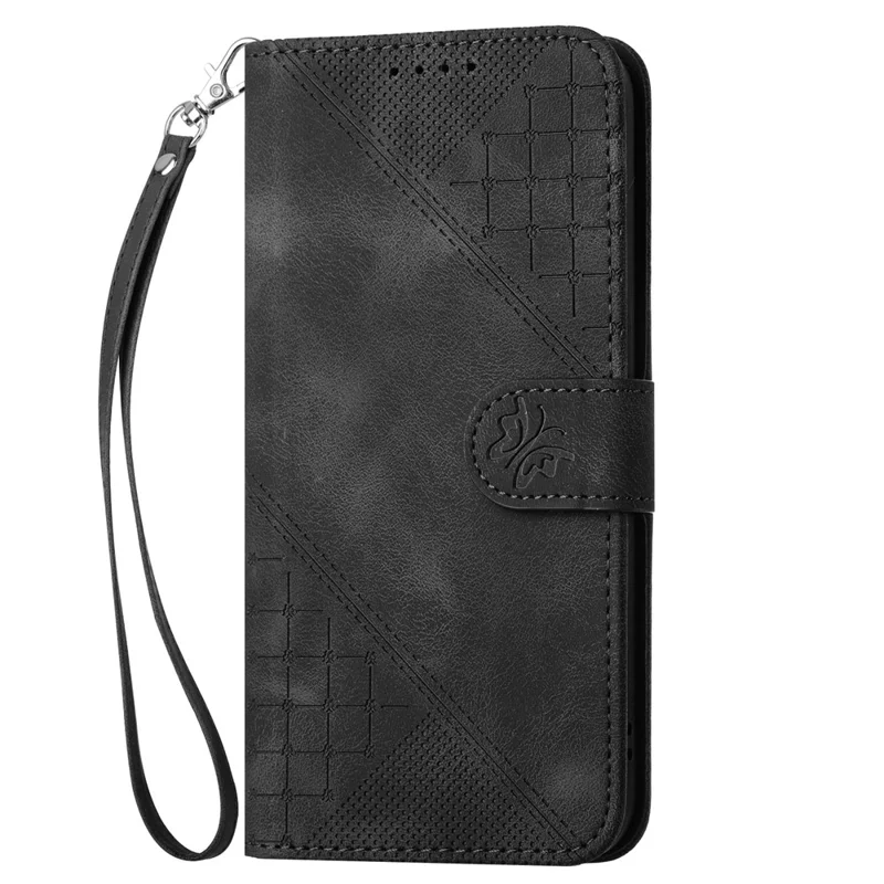 For iPhone 16 Plus Leather Wallet Case Butterfly Flower Imprinted Phone Cover with Strap - Black