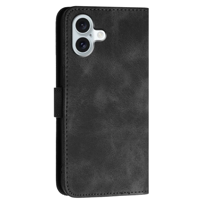 For iPhone 16 Plus Leather Wallet Case Butterfly Flower Imprinted Phone Cover with Strap - Black